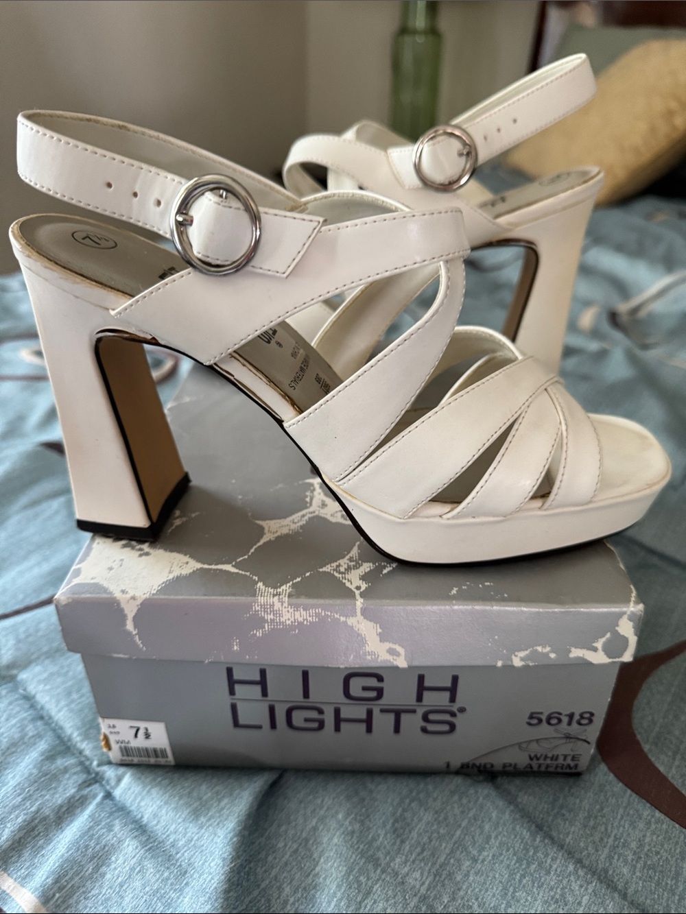 White Strappy Platform Sandals with Round Buckle
